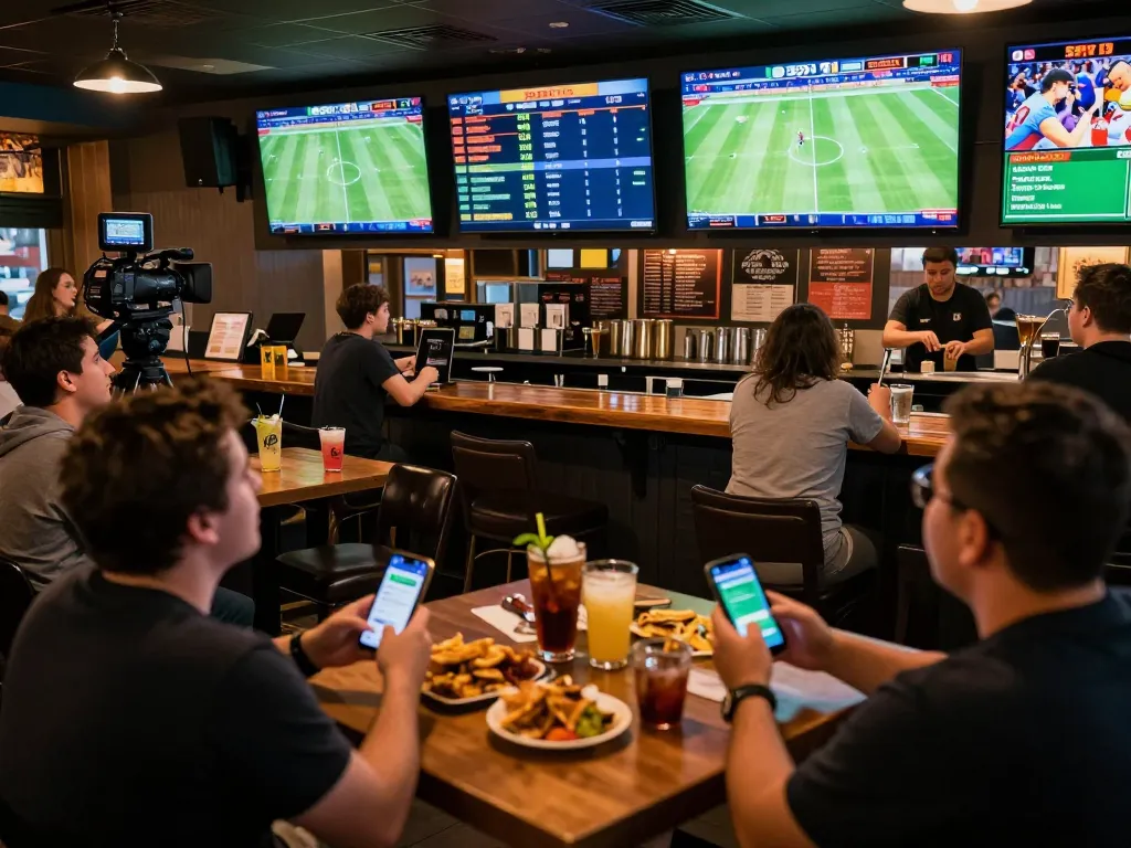 Penggemar olahraga yang bersemangat bertaruh pada skor SPBO 1 di bar olahraga yang ramai dengan beberapa layar.