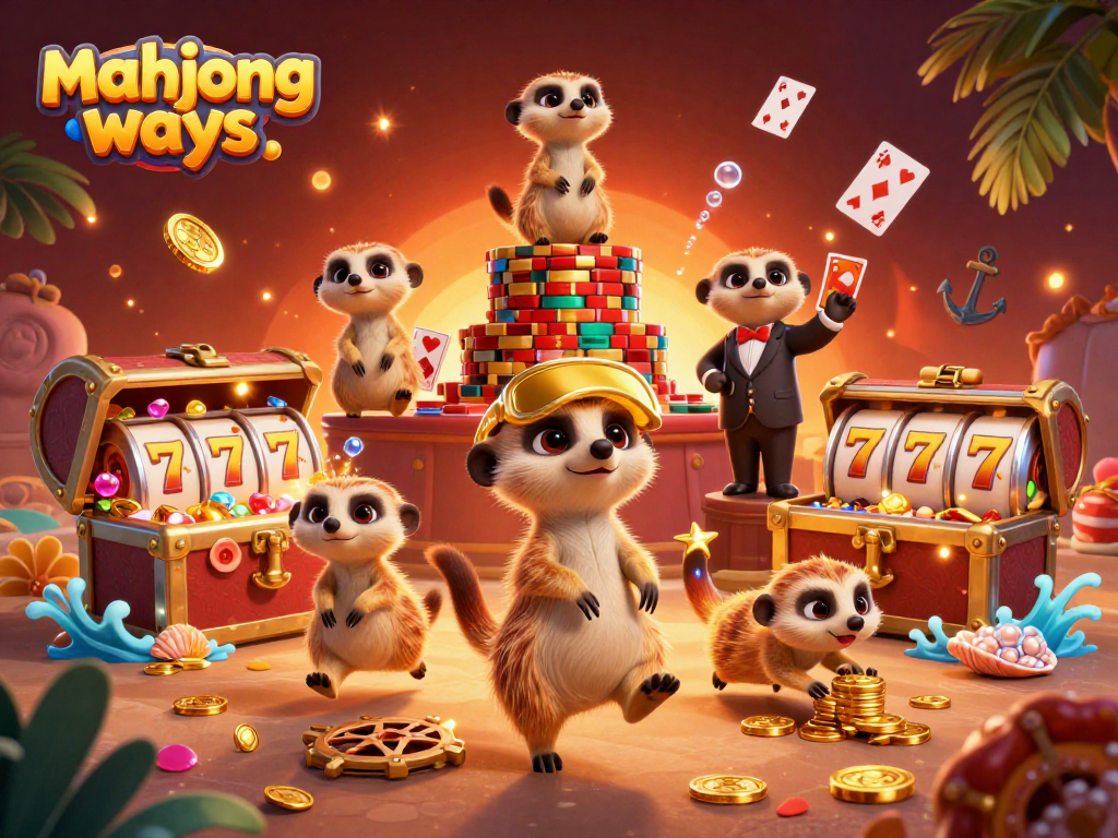 Experience mahjong ways in a vibrant casino scene full of meerkats and slot adventures.