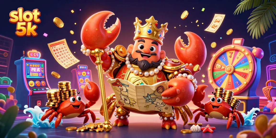 Spin slot 5k reels with a massive golden crab emperor and treasure map in this vibrant casino scene.