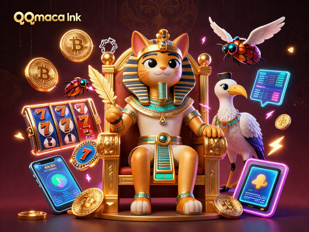Mainkan slot di qqmacan link dengan ilustrasi kucing pharaoh dan elemen permainan kasino yang menarik.