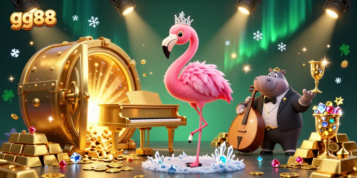 Experience thrilling gaming at gg88 with a vibrant casino scene featuring lively characters and dazzling treasures.