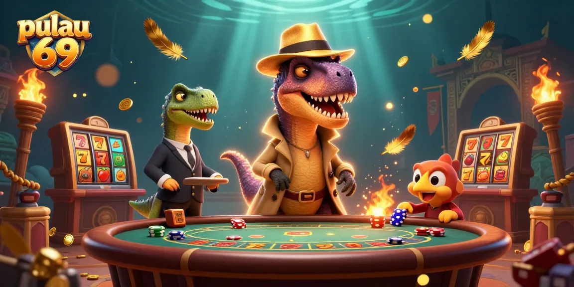 Experience premium action at pulau 69 with a velociraptor card counter amidst thrilling slot games.