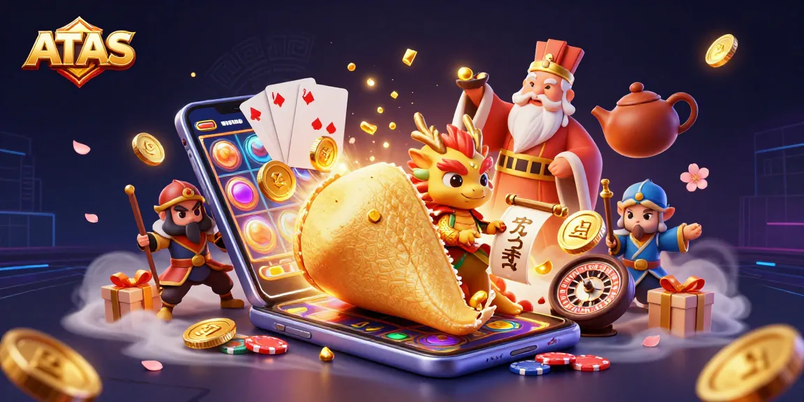 ATAS players engage with a vibrant and dynamic casino scene featuring a fortune cookie and dragon amidst gaming action.