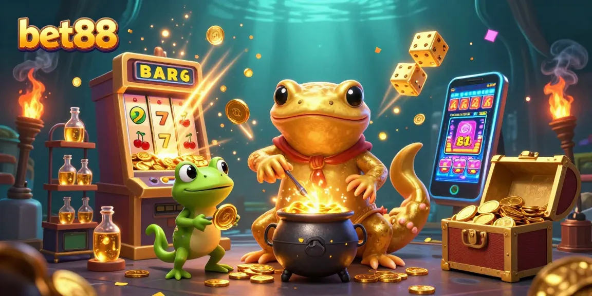 Experience the excitement of bet88 with a dynamic 3D illustration of a gold-transmuting alchemist scene.