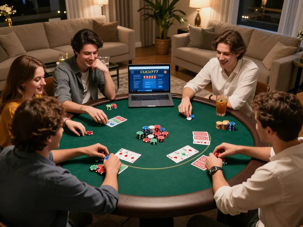 Cucu777 poker night with friends enjoying strategic gameplay, cards and chips on a round table.