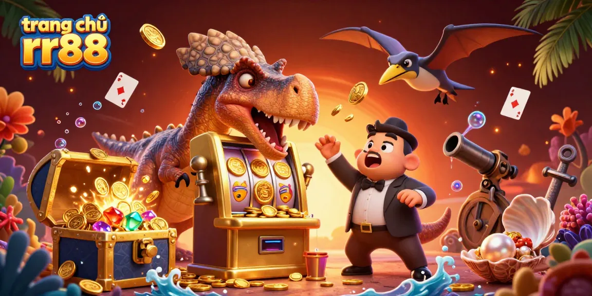 Experience exciting wins at trang chủ rr88 with vibrant animated 3D casino characters interacting with gold coins and slot machines.