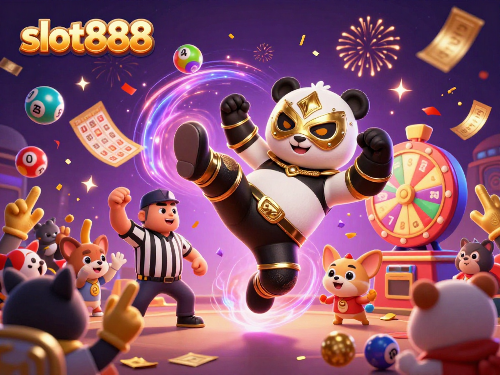 Memainkan slot888 dengan karakter panda juara dan penonton heboh, menandakan kemenangan dan kesenangan kasino.