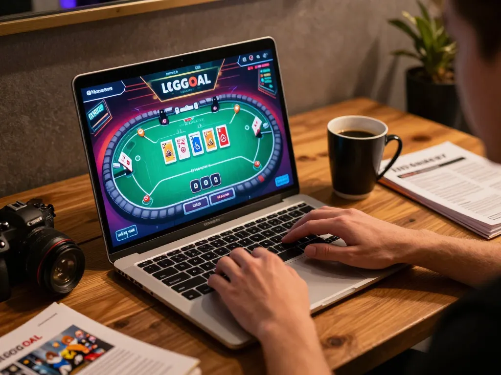 Engaged player using LGOGOAL online casino on a laptop with colorful graphics and strategy notes.