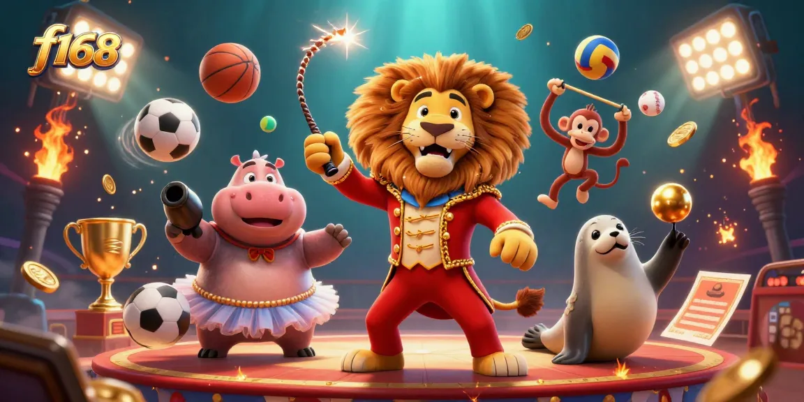 Experience the excitement of f168 with vibrant circus characters and dynamic sports elements in a rich casino scene.