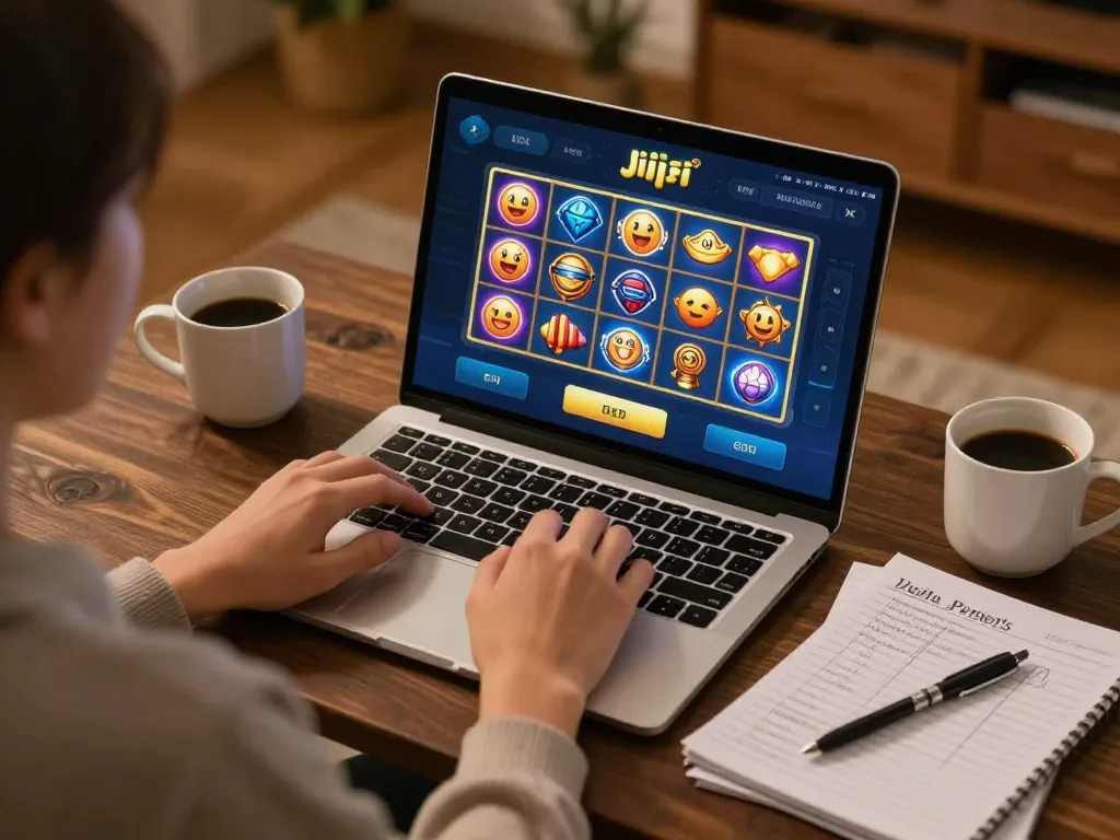 Player engaging with jili slot game on laptop in cozy home setting while assessing strategies.
