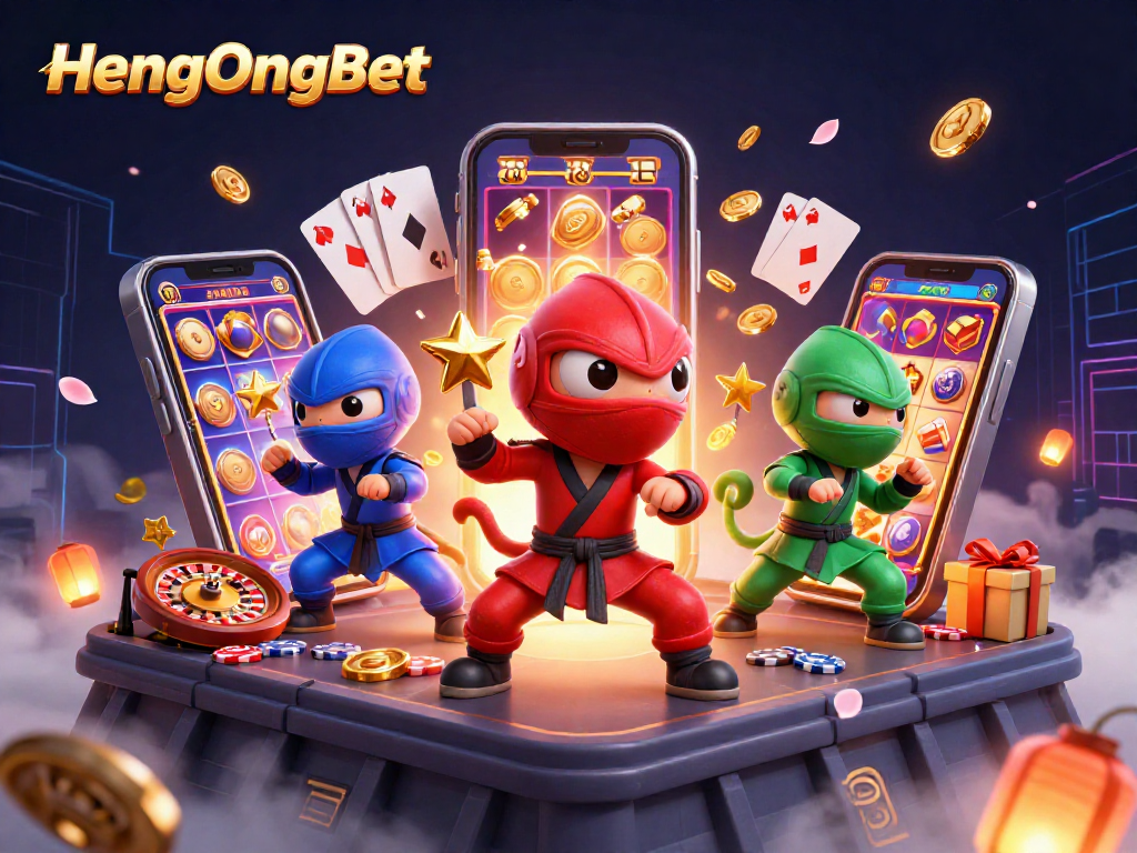 Win big with HengOngBet as ninja chameleons showcase their casino skills in a vibrant scene.