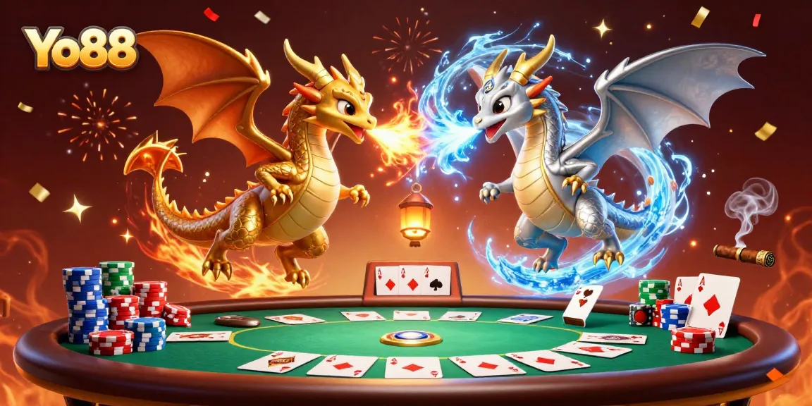 Experience thrilling action at Yo88 with a dynamic scene of dragons and poker elements.