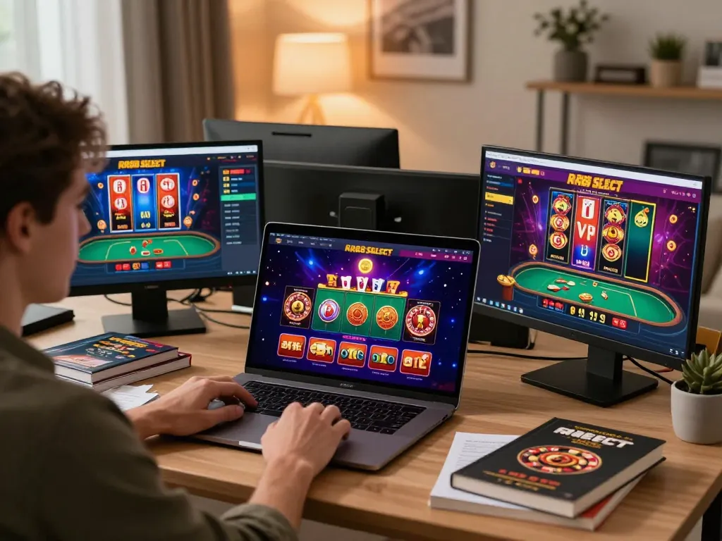 Engaged player using RR88 SELECT for online casino gaming, showcasing vibrant slots and poker options.