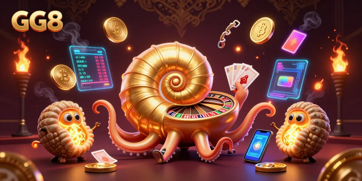Engage with GG8-inspired casino excitement through a vibrant 3D illustration showcasing gaming elements.