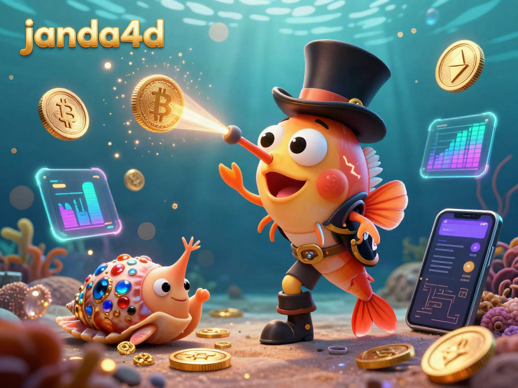 JANDA4D menghadirkan ilustrasi 3D kartun yang menampilkan ikan pemancing dengan topi, segerombolan koin emas, dan latar bawah laut yang kaya.