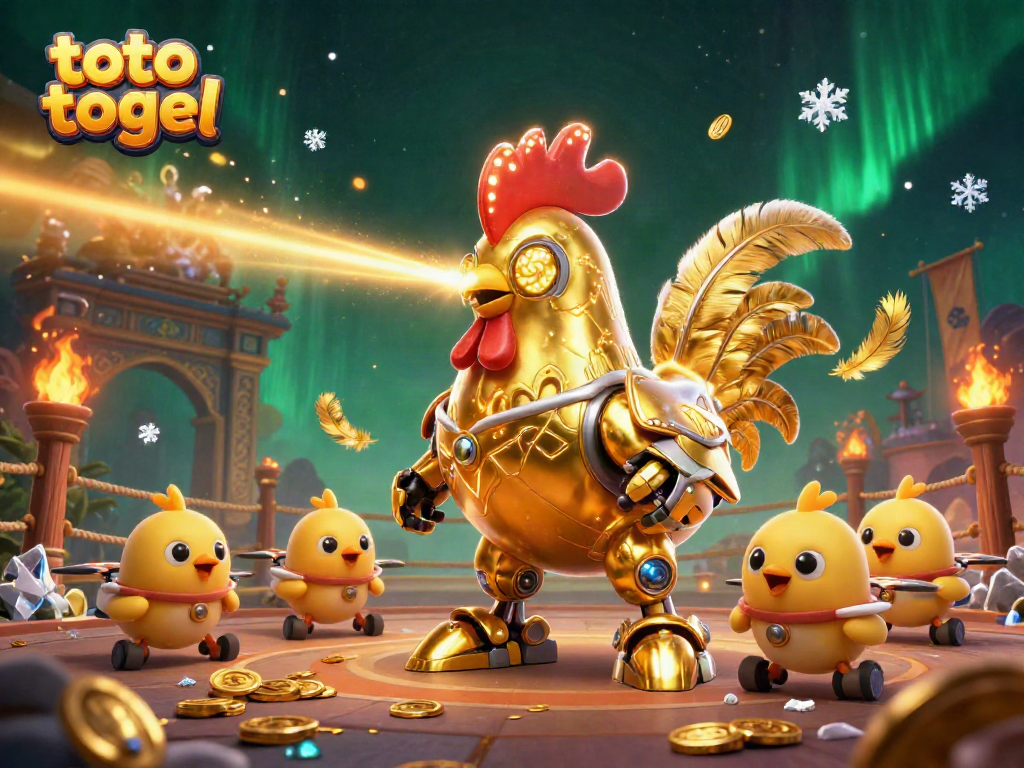 Engage with thrilling toto togel action featuring a dynamic golden rooster robot and baby chick drones in an exciting casino arena.