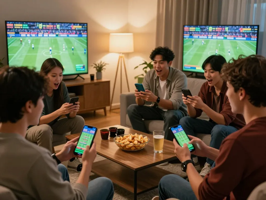 Friends placing bets on their favorite teams using 789bet in an exciting home sports betting environment.