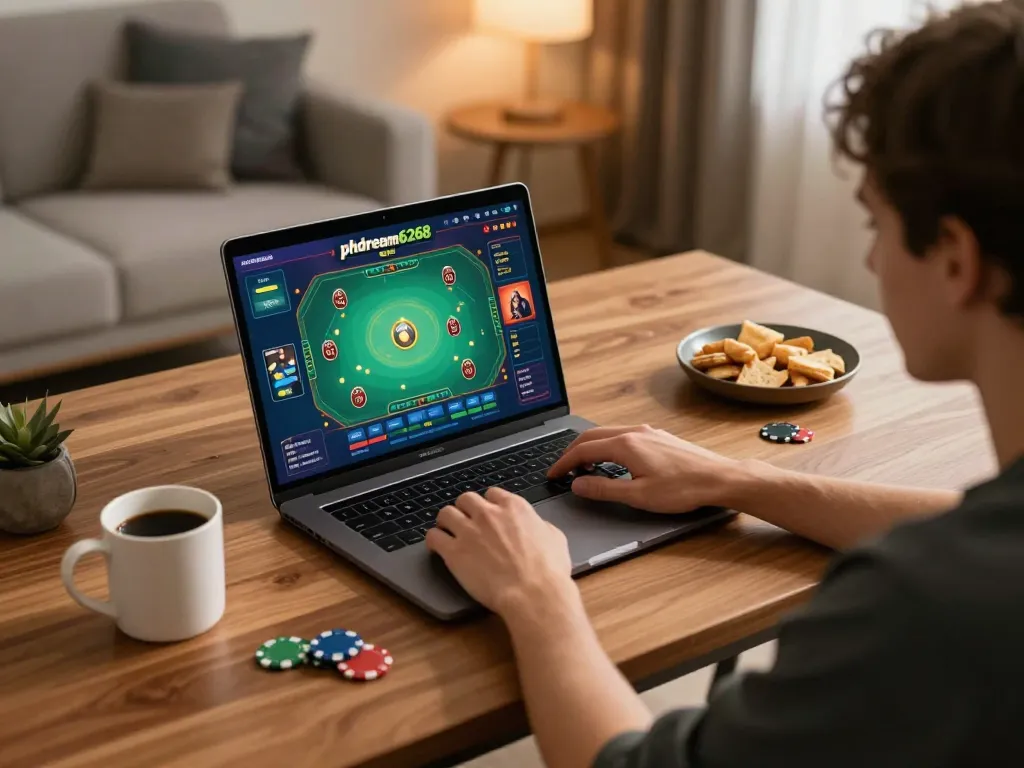 PHDREAM6268 player engaging in online poker from home with strategic notes and cozy ambiance.