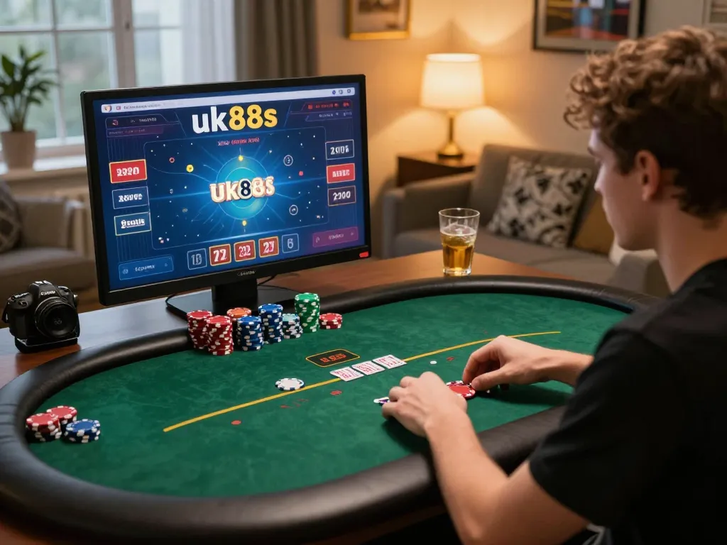 Engaging online gaming session with uk88s poker interface, showcasing focused player strategy and lifestyle.