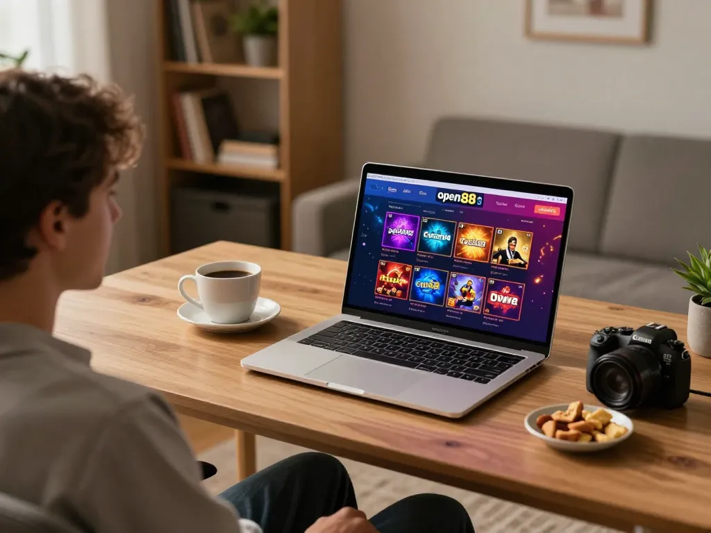 Playing on open88 com with a laptop in a cozy home environment, showcasing responsible gaming.