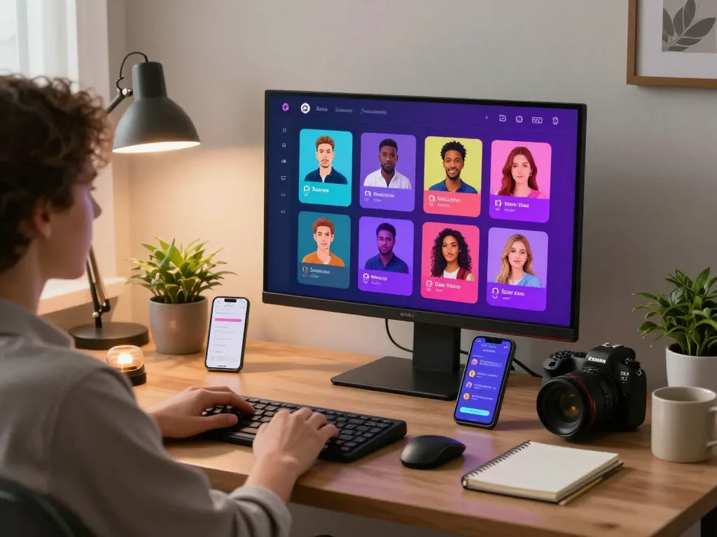 Immersive ai sex chat experience in a cozy home office setting, showcasing vibrant chat interface and engaging user interactions.