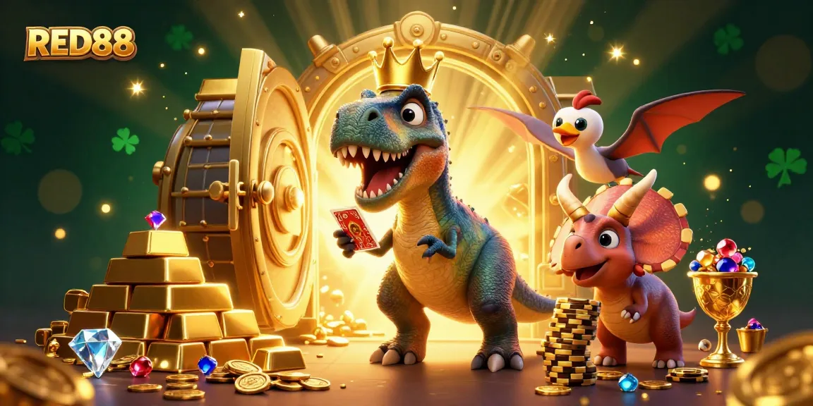 Play winnings at RED88 with a T-Rex shuffling cards and a triceratops stacking chips.