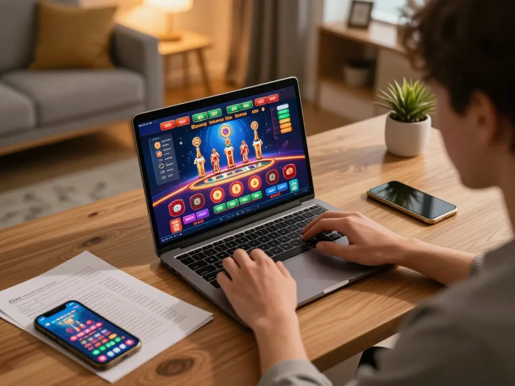 Engaging in strategic online play via kdslot77, showing vibrant casino game interface on a laptop.