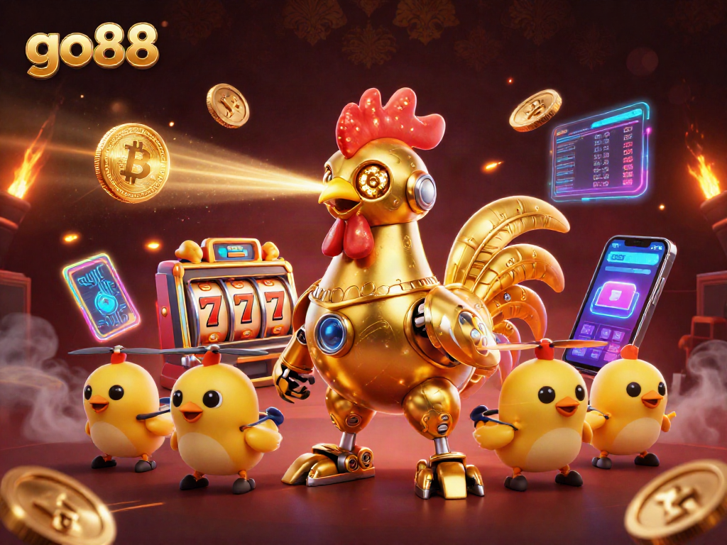 Engage with go88's exciting 3D casino adventures featuring a golden rooster and crypto rewards.