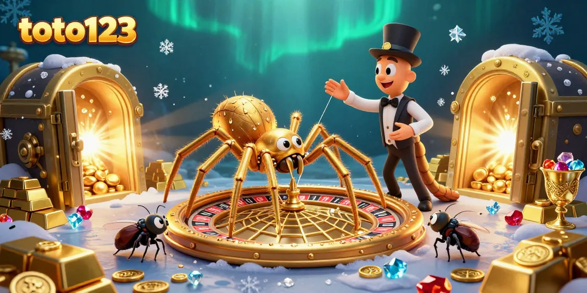 Experience the thrill of gaming with toto123 as a golden spider spins a roulette web amidst treasure.
