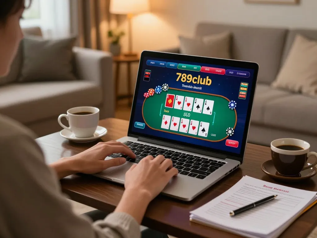 Engaging scene of a player on 789club using a laptop for casino gaming with a cozy atmosphere.