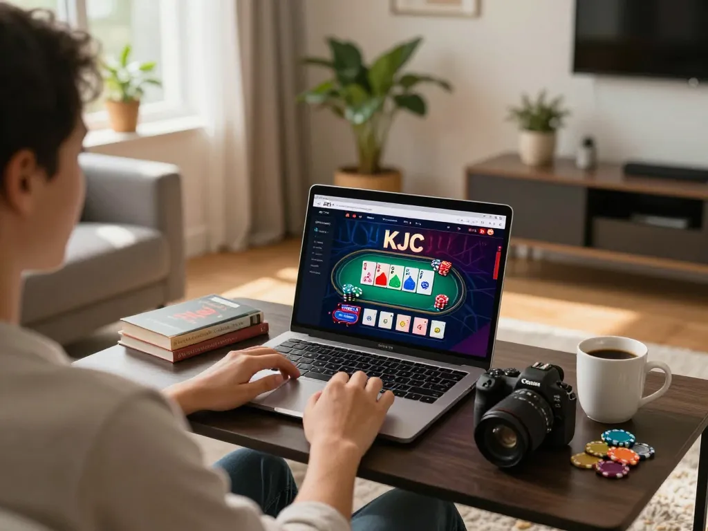 KJC online gaming setup at home with vibrant poker game interface on laptop screen.