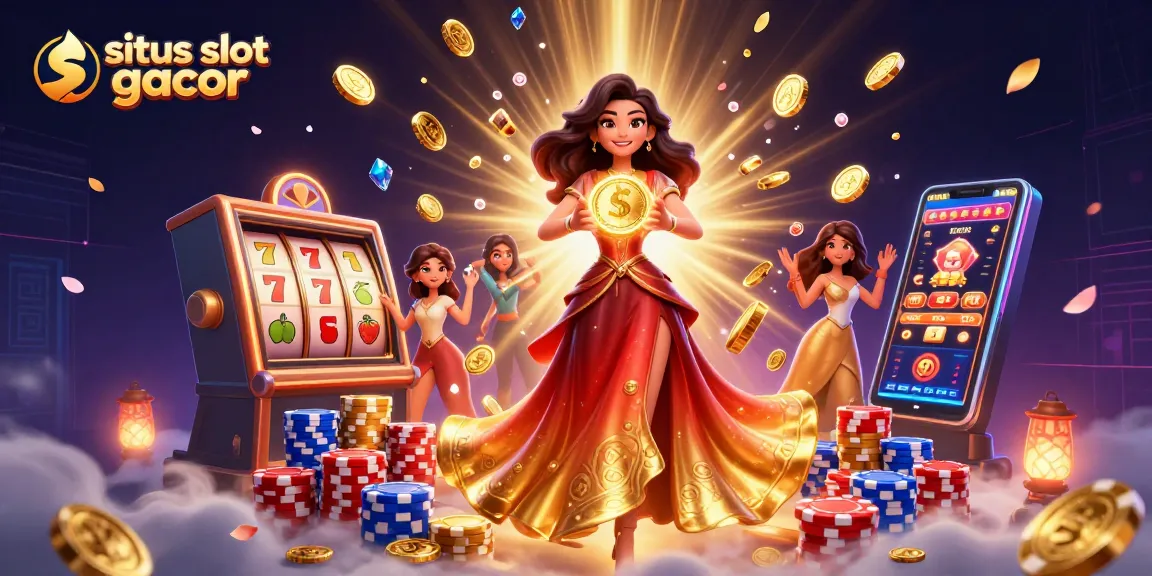 Experience the excitement of situs slot gacor with a stunning Asian woman celebrating jackpot wins, coins raining around.