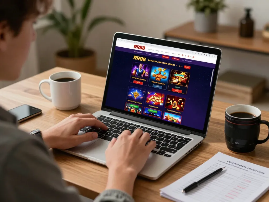 Engaging with RR88 online casino on a laptop, showcasing vibrant gaming options in a cozy setting.