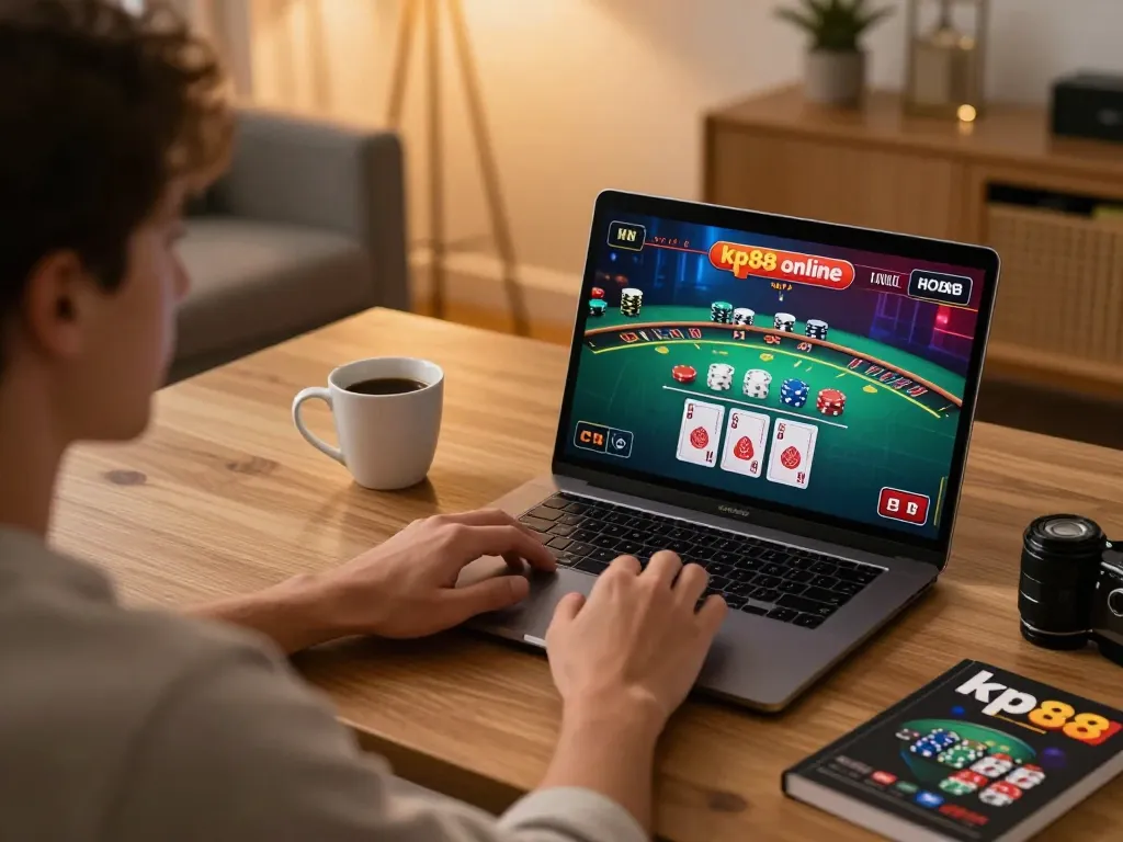 Engaging online blackjack gameplay on kp88 platform from a cozy home setup, showcasing excitement and strategy.