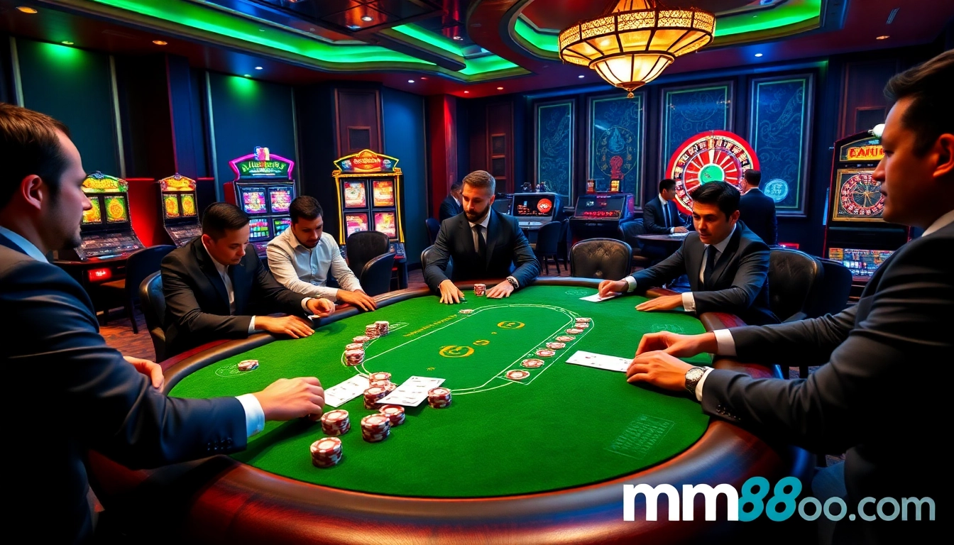 Experience high-stakes play at mm88 com's elegant poker game surrounded by vibrant casino atmosphere.