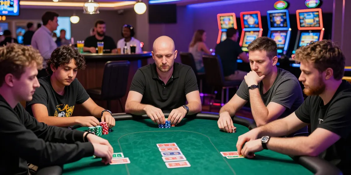 Permainan poker88 yang seru di kasino, pemain fokus dengan kartu dan chip di meja hijau.