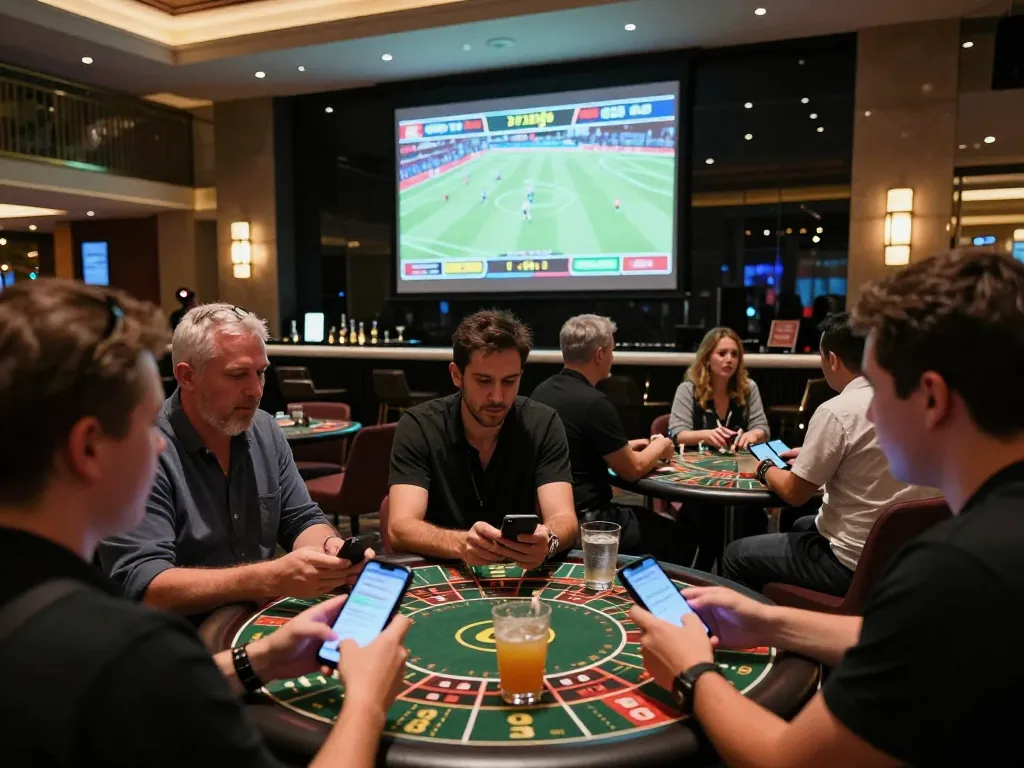 33win sports bettors engaged in real-time wagering at upscale lounge with screens displaying live odds.