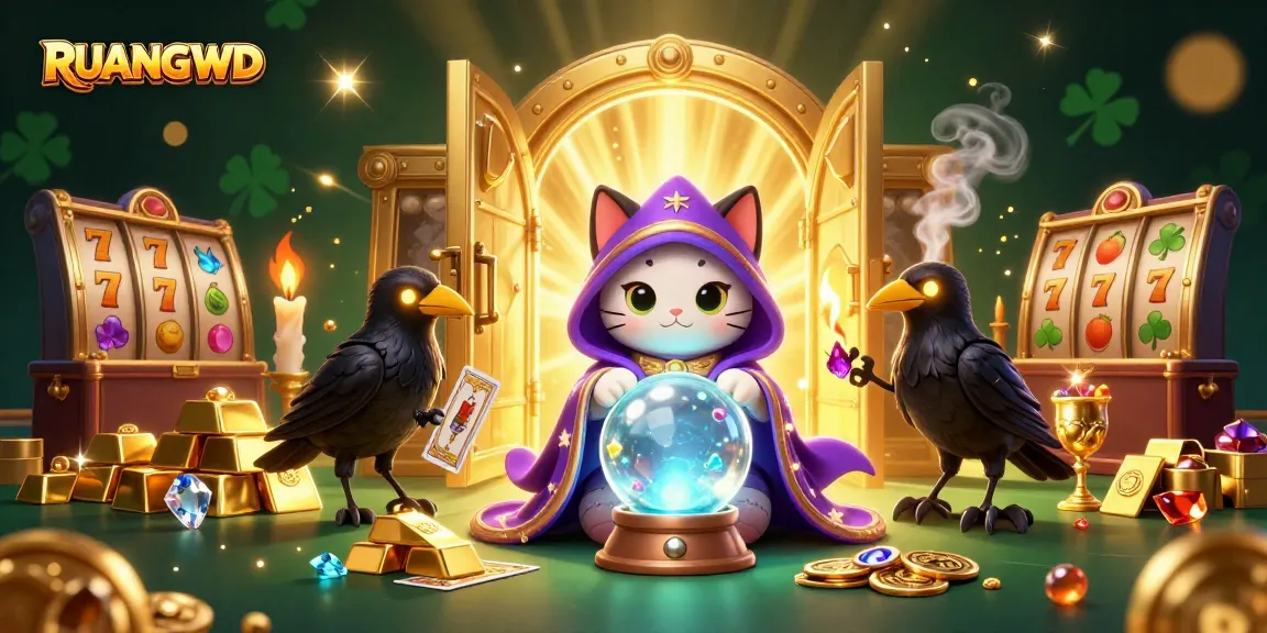 Spin the reels at RUANGWD with fortune teller cat and raven in a vibrant casino scene.