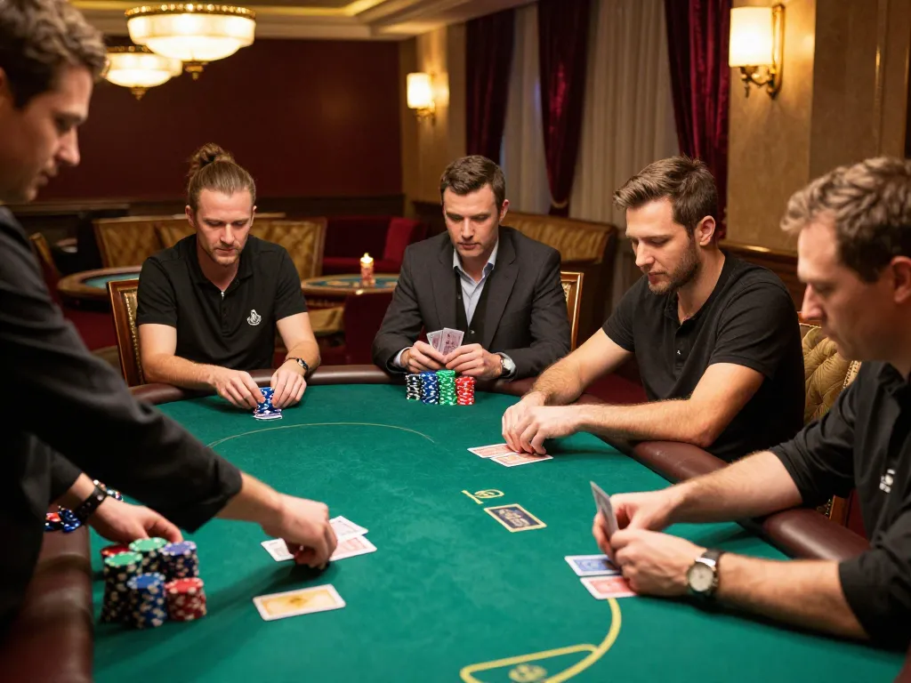 Players strategizing in a high-stakes LGOGOAL poker game at a luxurious casino table.