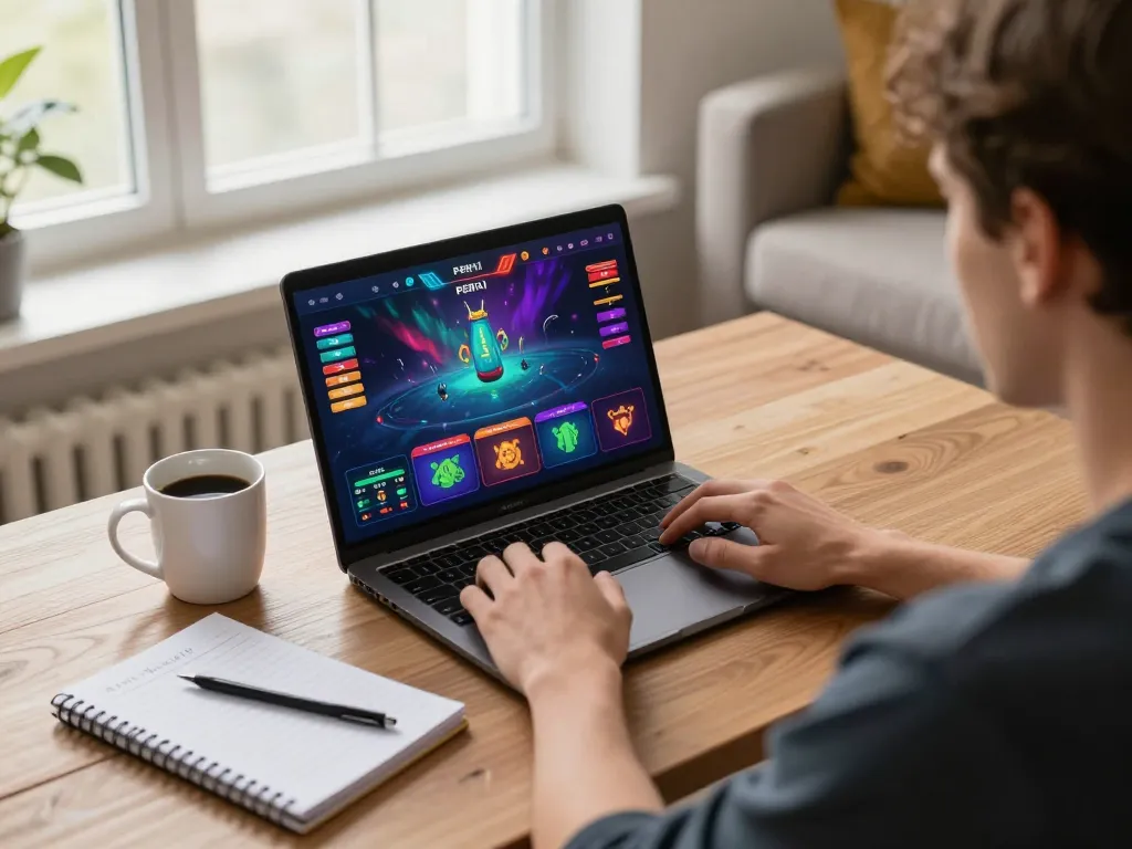 Engaging in the PERI11 online game with a laptop and strategic notes to optimize gaming.