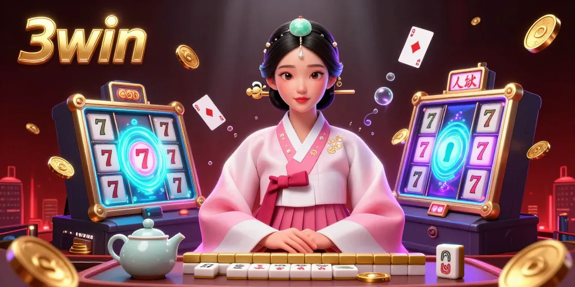 Engage in thrilling casino action with 3win, featuring vibrant slot reels and poker cards.