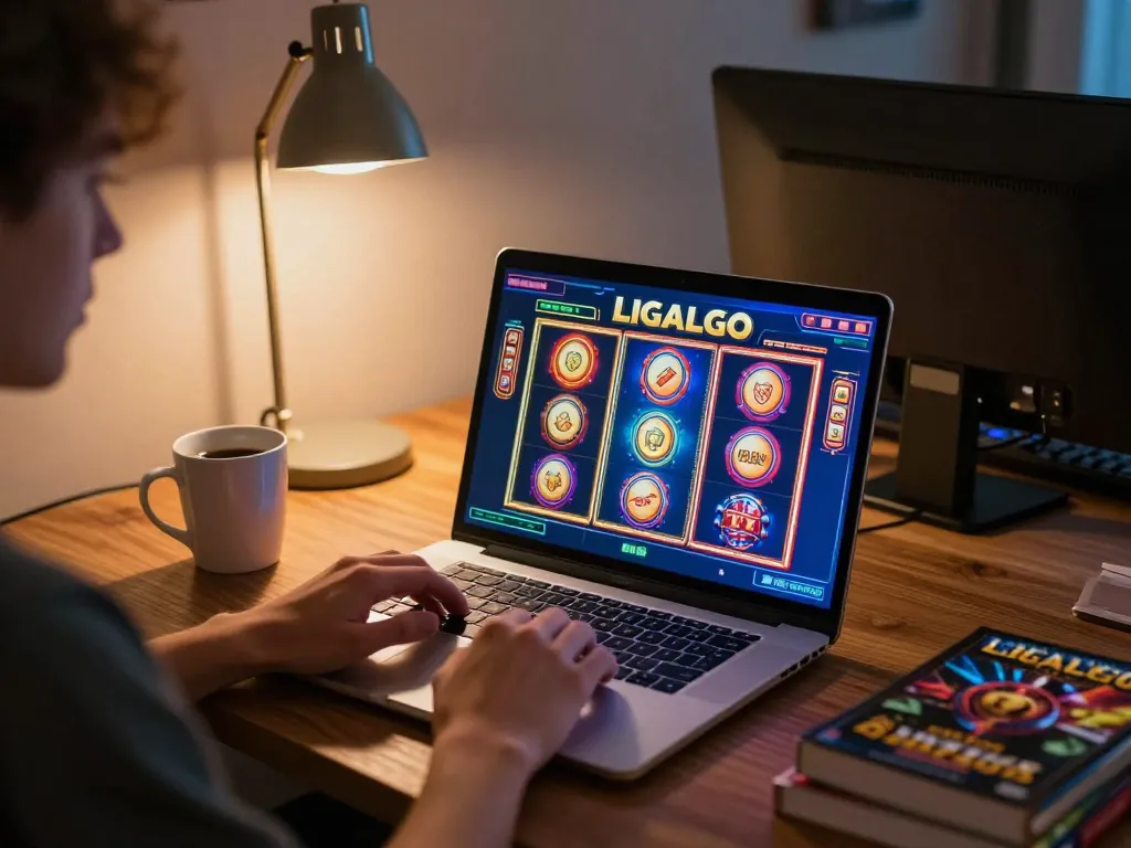 LIGALGO online slots gameplay on a laptop showcasing vibrant graphics in a cozy setting