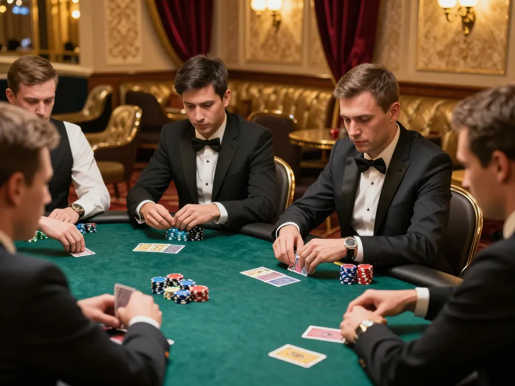 HM88 poker strategy scene with players focused on their hands and chips in a luxury casino environment.