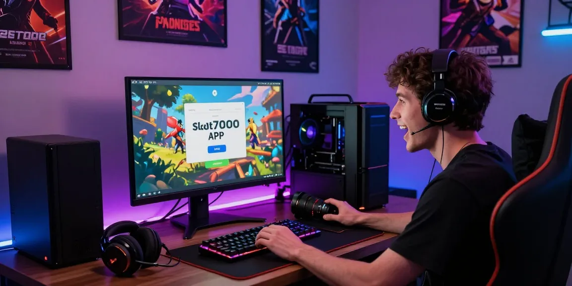 Engaging slot7000 platform installation scene with a gamer downloading the APK on a desktop.