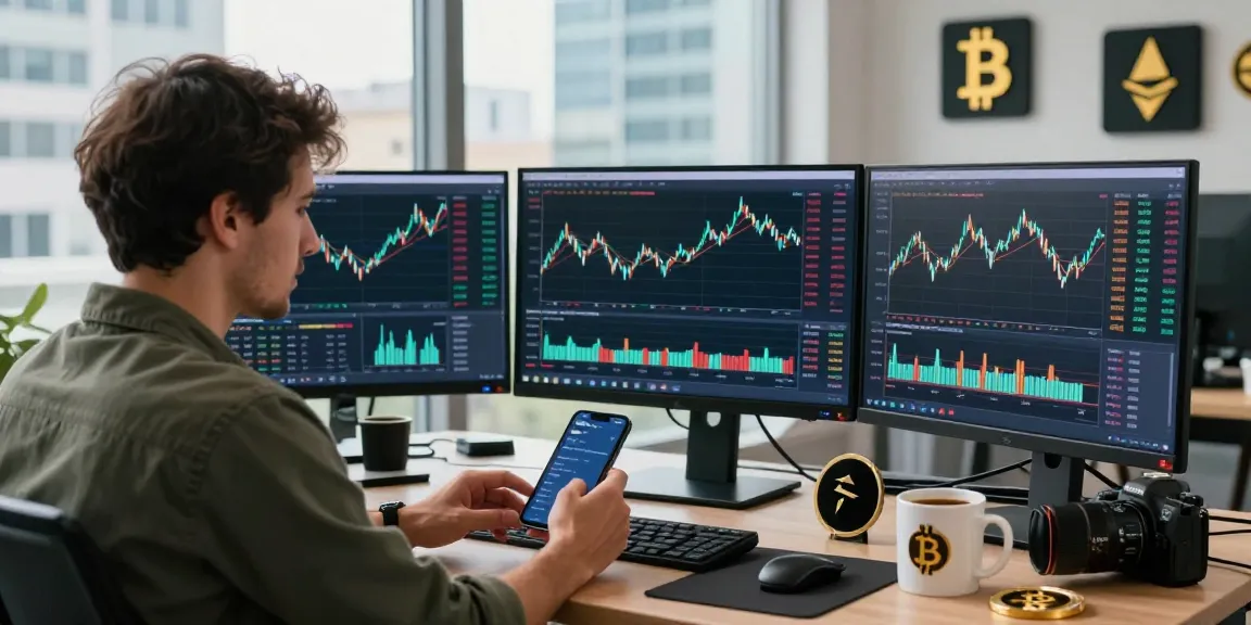 Трейдер на современном столе с графиками, отзывы bitmex на экране, работающим в уютном офисе