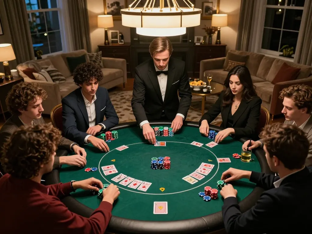 Friends enjoying a poker night at home, playing rich games on RIKVIP with vibrant chips and cards.