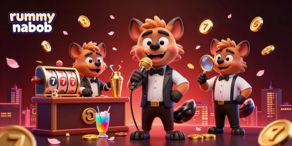 Gambarkan suasana kasino di Rummy Nabob dengan hyena sebagai pelawak, bartender, dan pengawal.