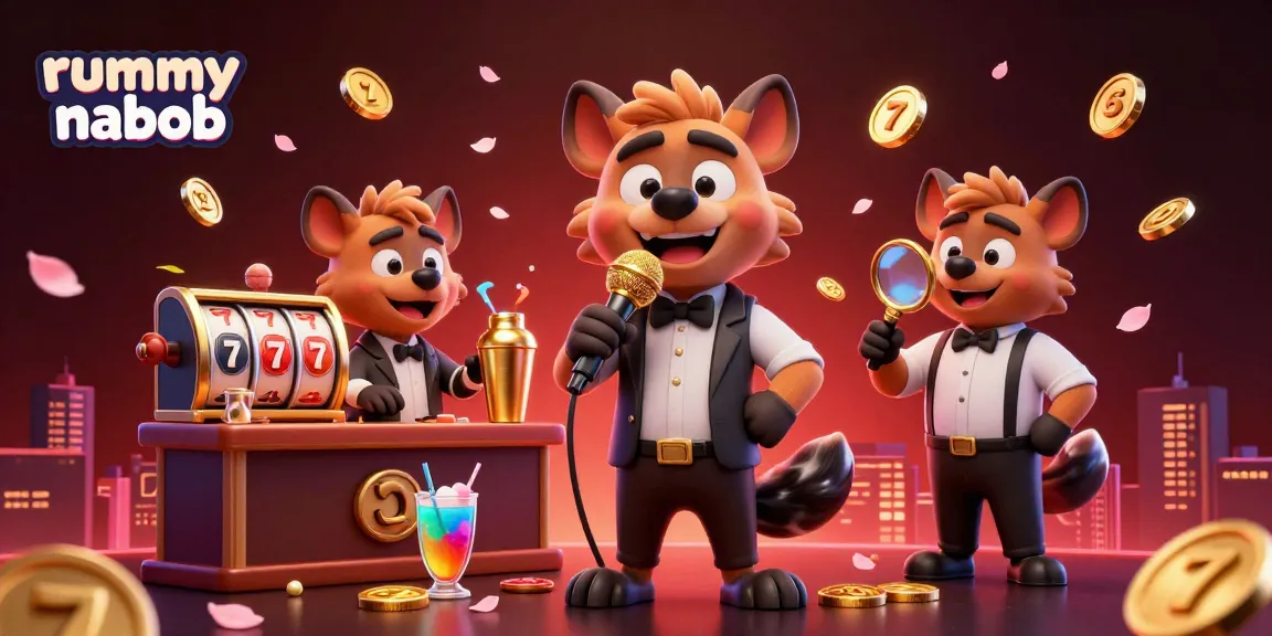 Gambarkan suasana kasino di Rummy Nabob dengan hyena sebagai pelawak, bartender, dan pengawal.