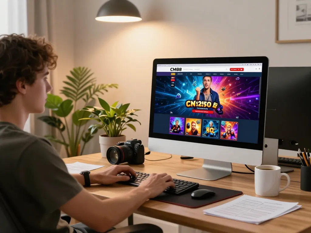 Person engaging with CM88 online casino platform on a stylish home office desktop, showcasing vibrant interface and cozy setting