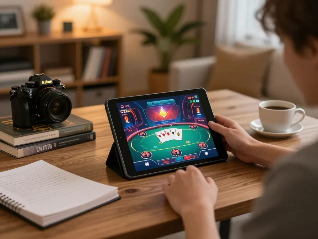 Engaging in online poker gameplay on LV88 while seated comfortably with strategy notes